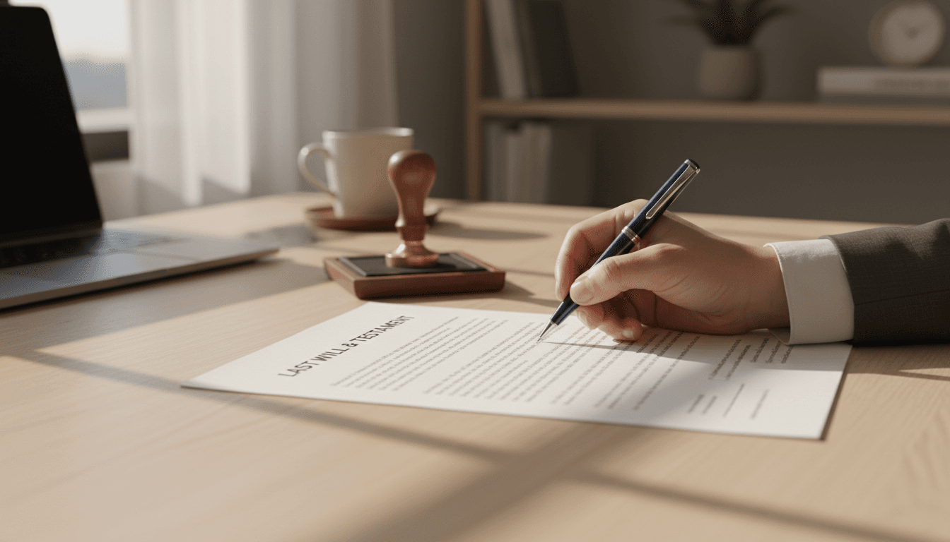 Notary's hand signing a document on a desk