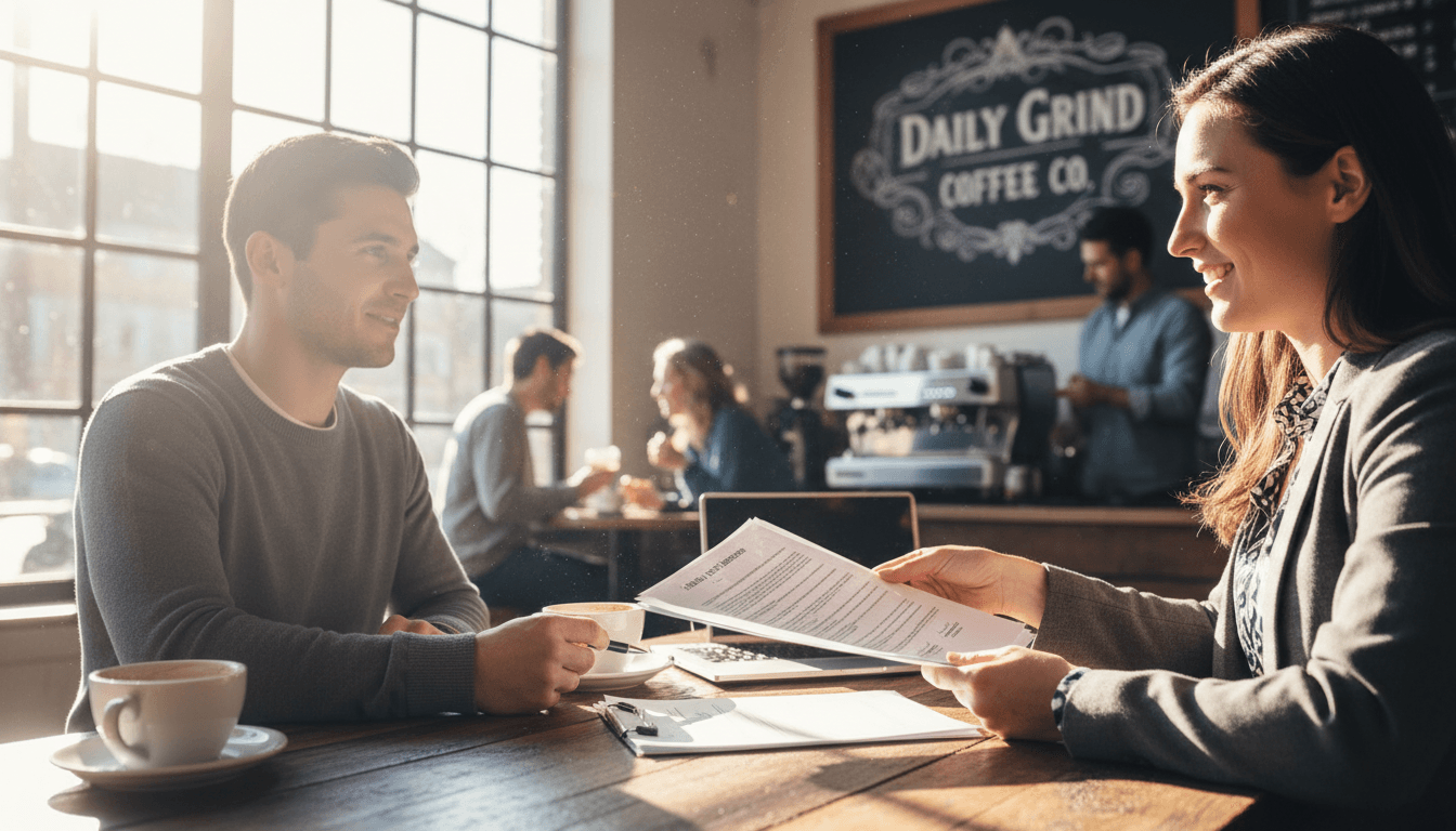 Mobile notary handing documents to a client at a coffee shop