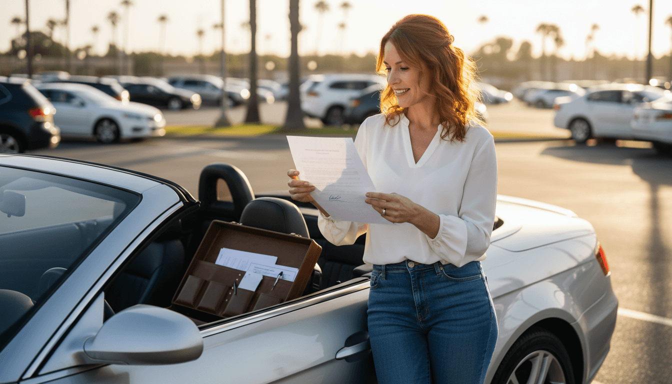 Woman reviewing a signed document beside a car