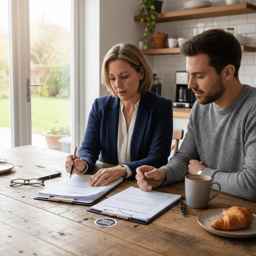 Two people reviewing documents together at a kitchen table on a weekend