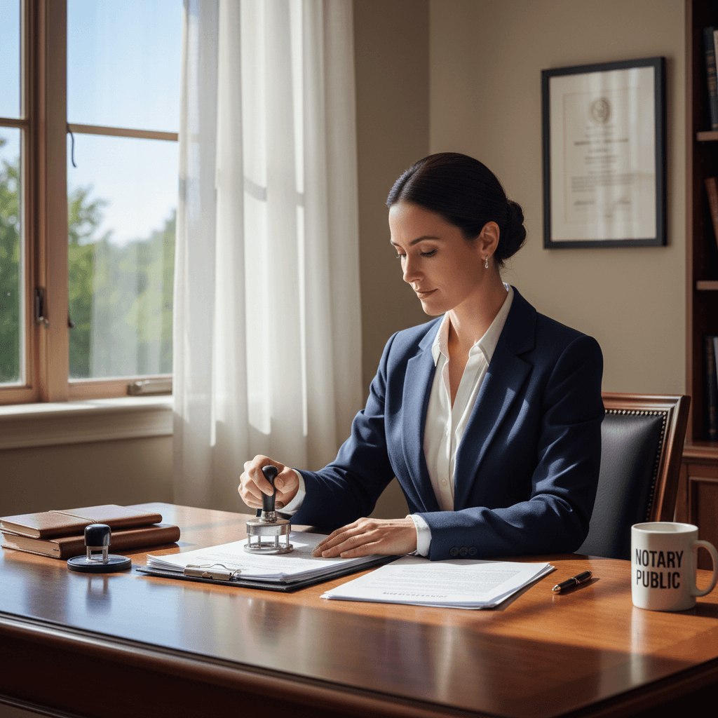 Notary professional with documents at a home office desk near a window
