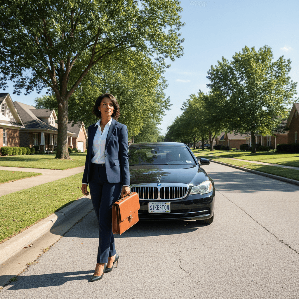 Notary professional with document case walking to a car in a residential neighborhood