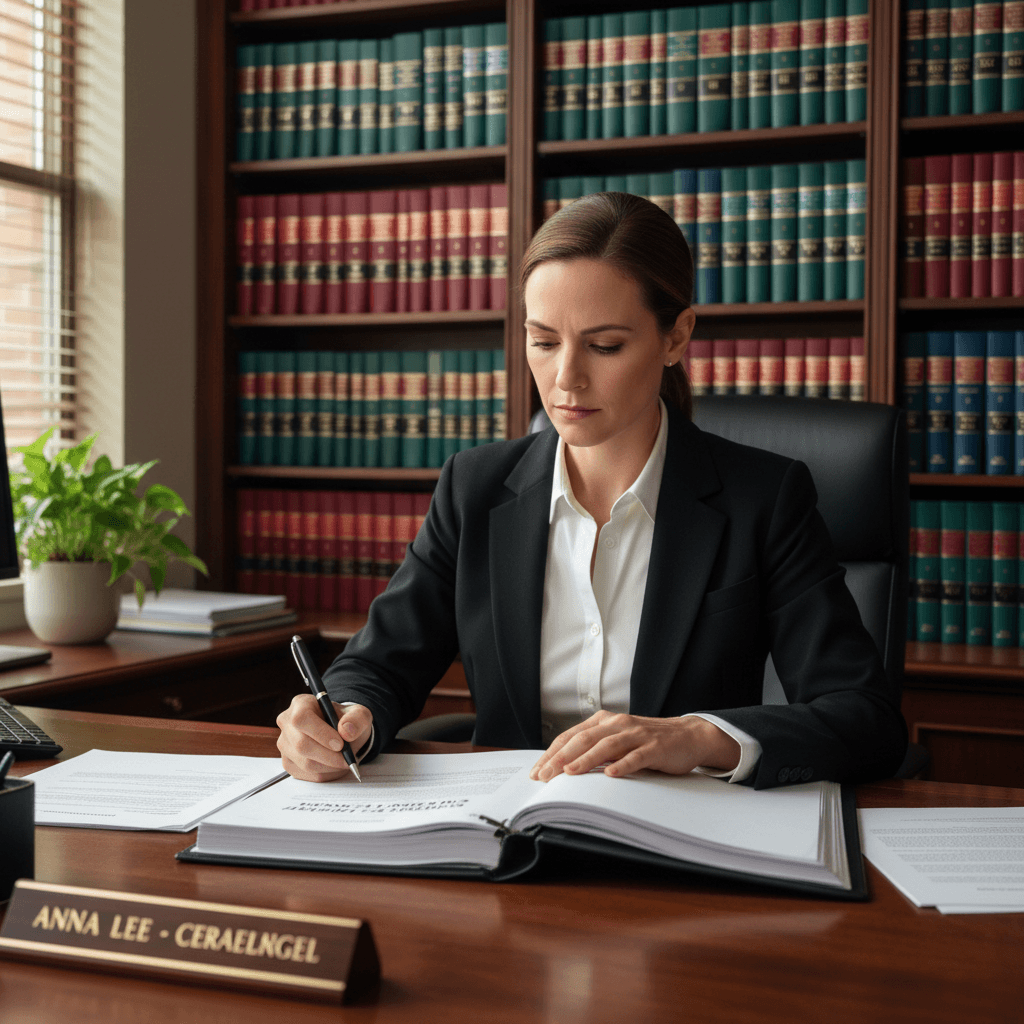 Certified paralegal reviewing legal documents in a professional office