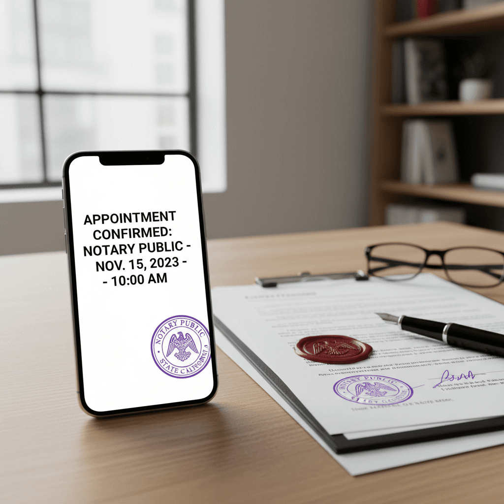 Smartphone with calendar appointment next to notary documents and stamp on a desk