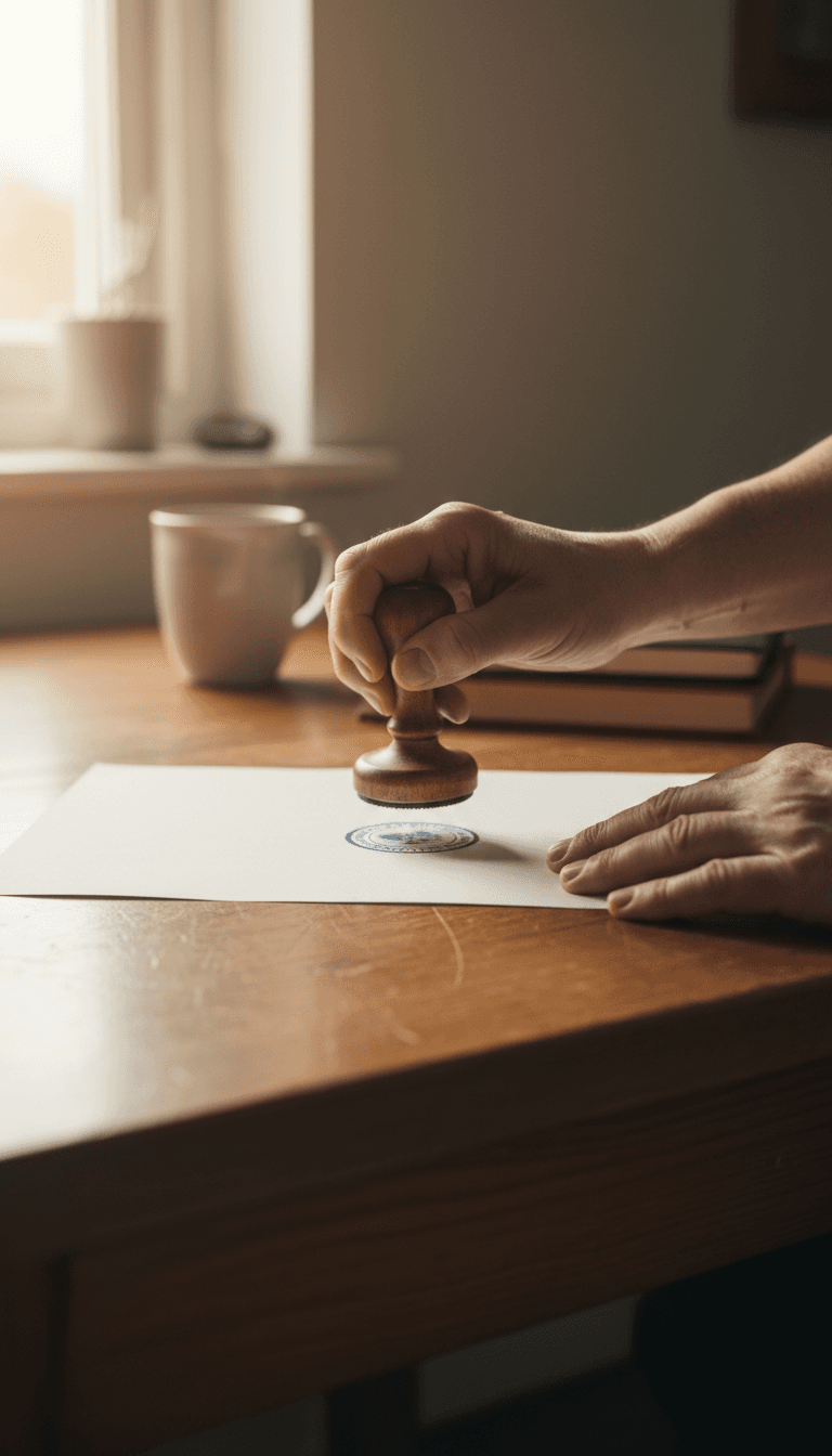 Close-up of a notary stamping a document at a kitchen table