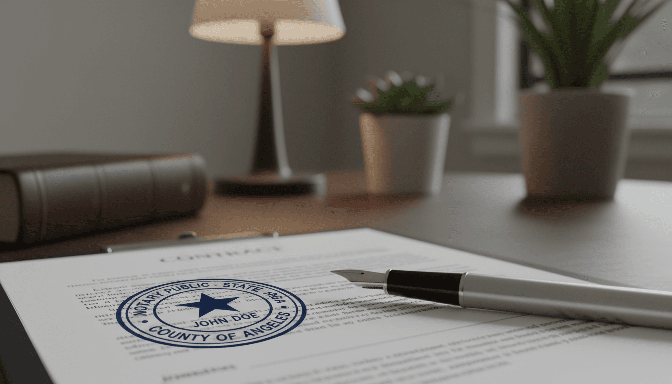 Notary stamp and pen on a document