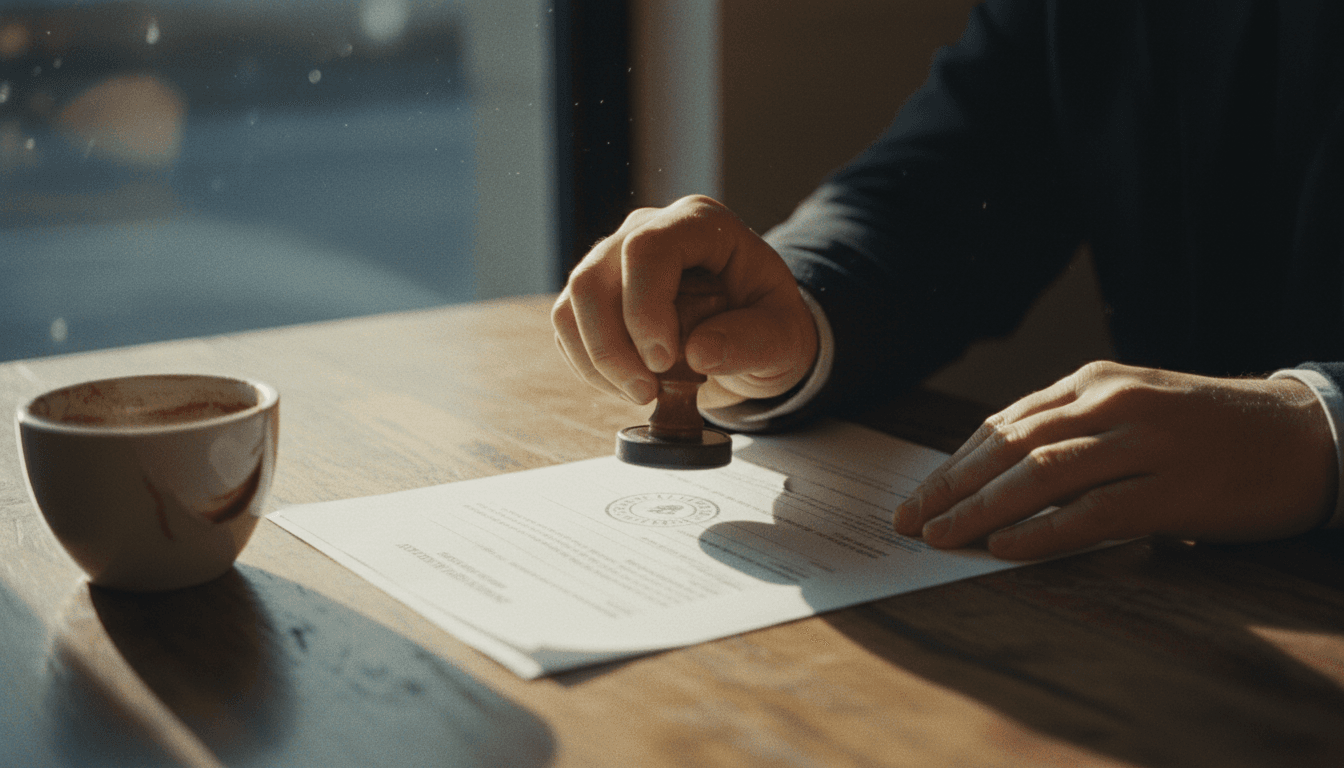 Notary stamping a document at a coffee shop table