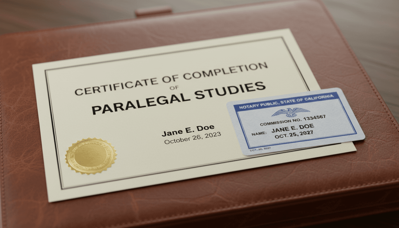 Notary certificate and commission card on a portfolio
