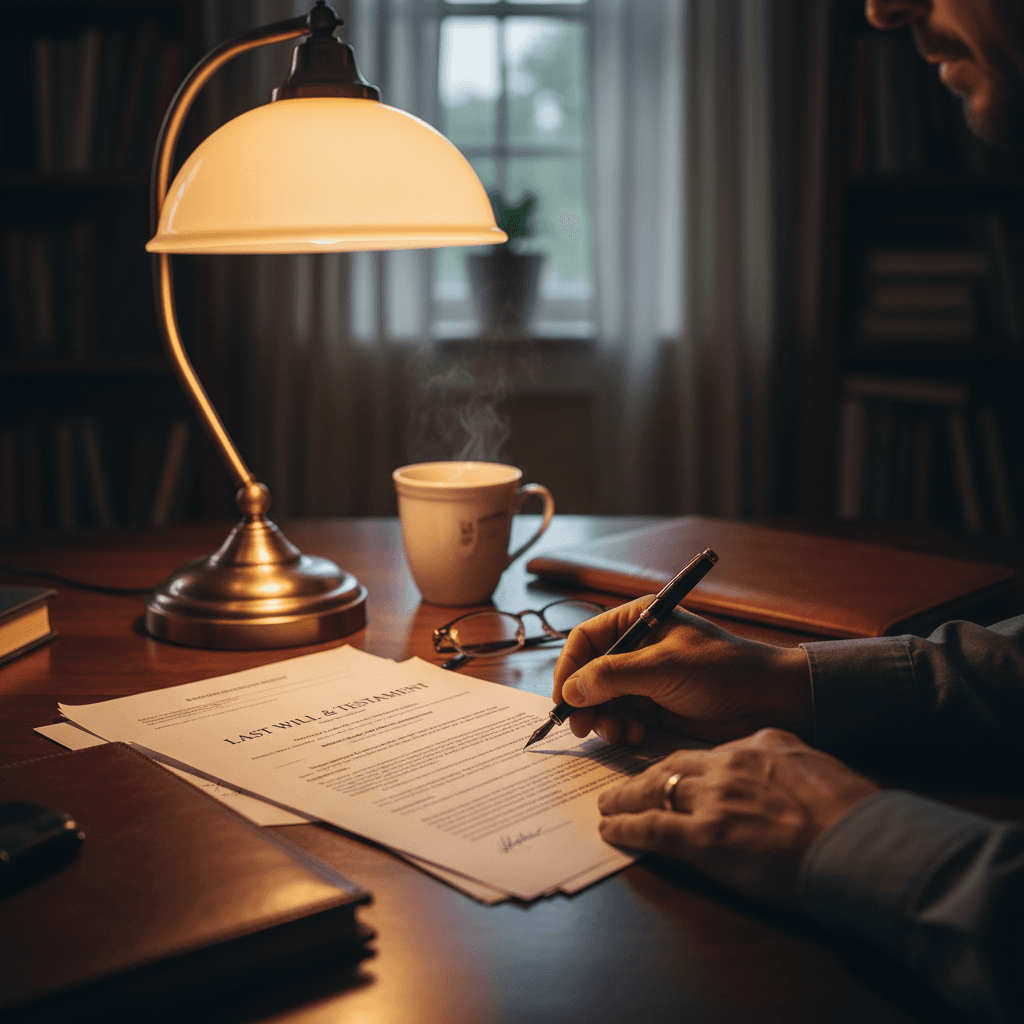 Hand signing a document on a wooden desk under warm lamp light in the evening