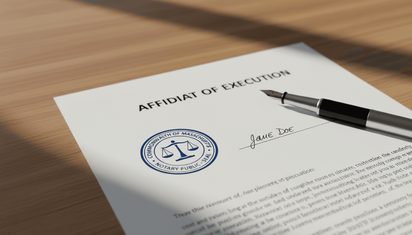 Notary stamp and signed document on a wooden desk with natural lighting