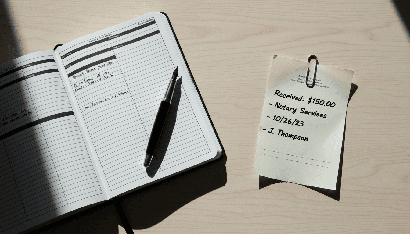 Notary journal, pen, and receipt arranged on a desk