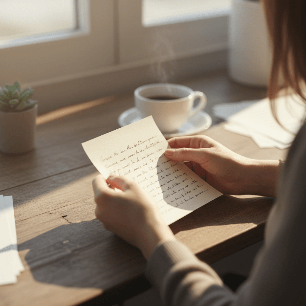 Hands placing a signed document into a leather folder on a wooden table in a quiet café