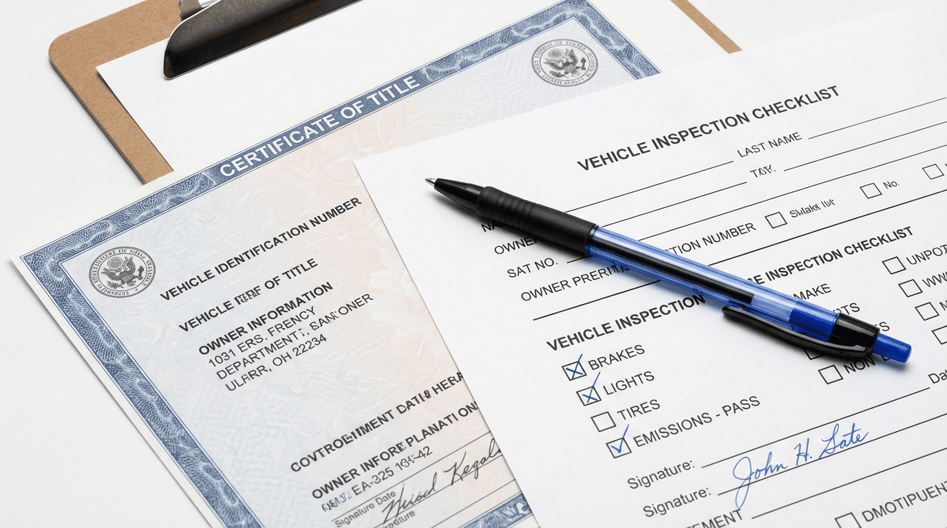 Car title and inspection documents on white desk with pen and clipboard in bright studio light.