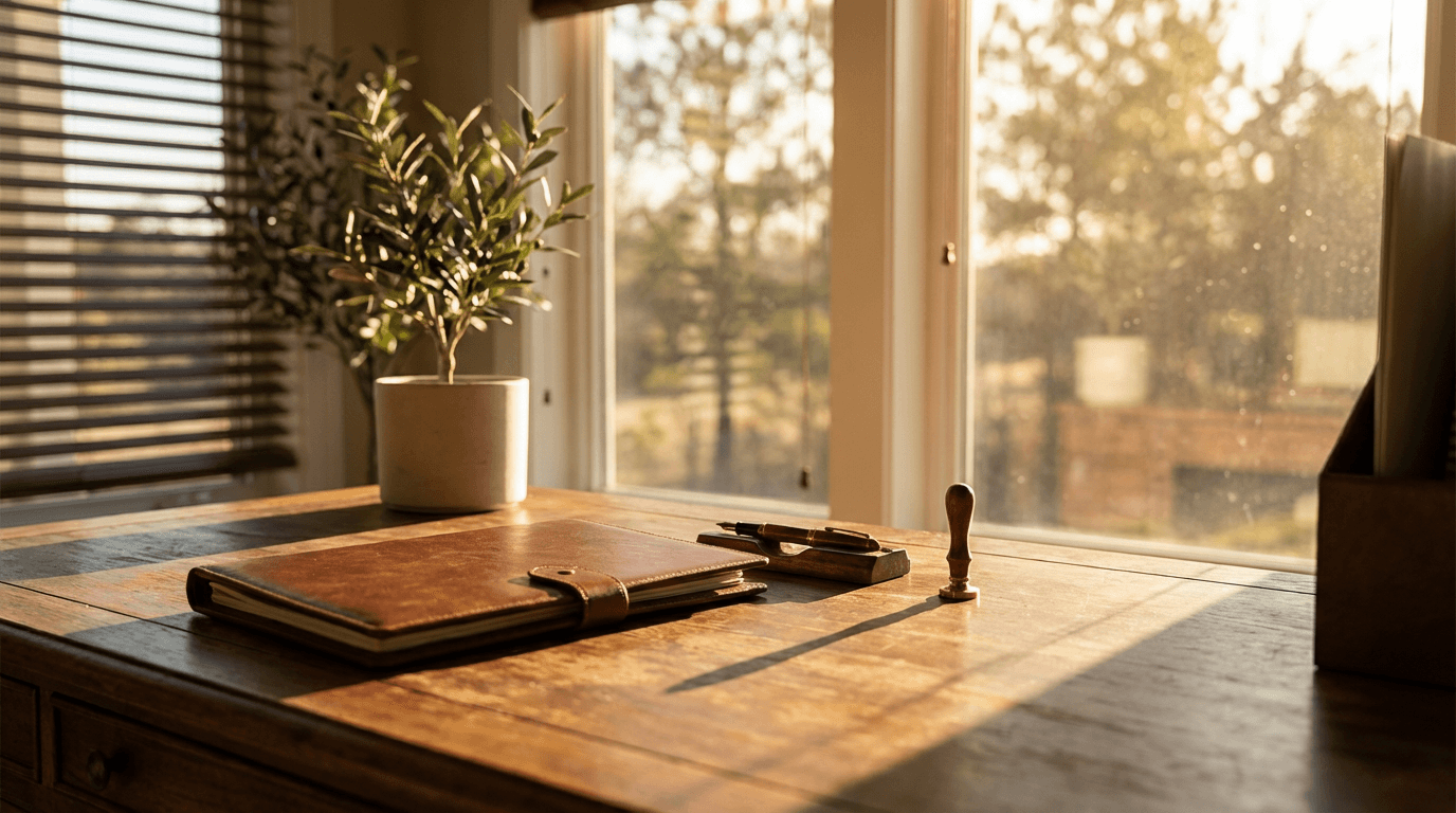 Signed document being placed into a folder on a kitchen table with coffee mug nearby