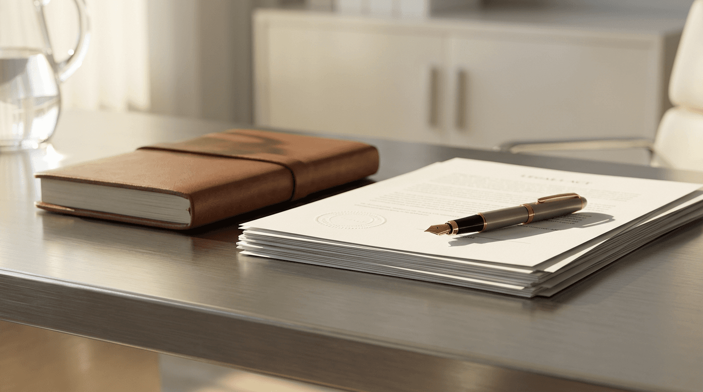 Open legal binder with pen on a desk