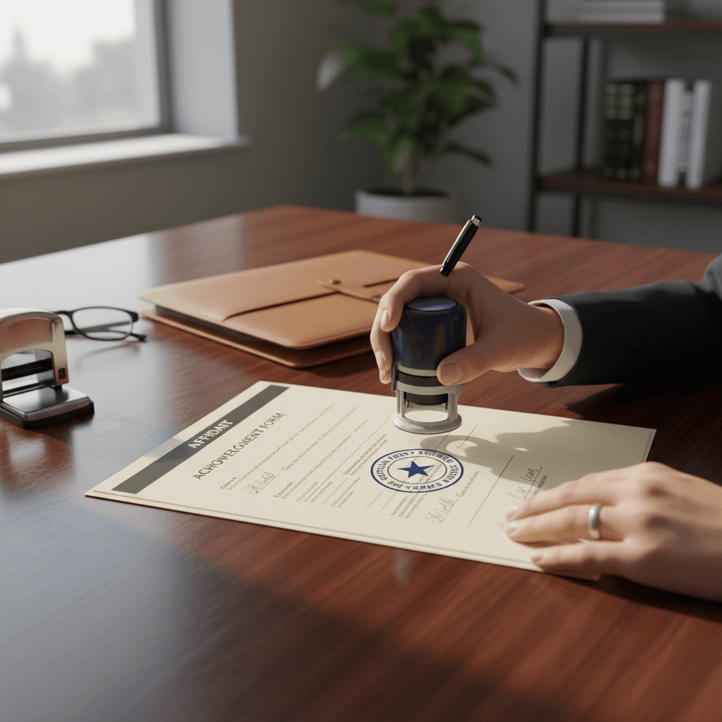 Notary stamp on a document at a coffee shop table