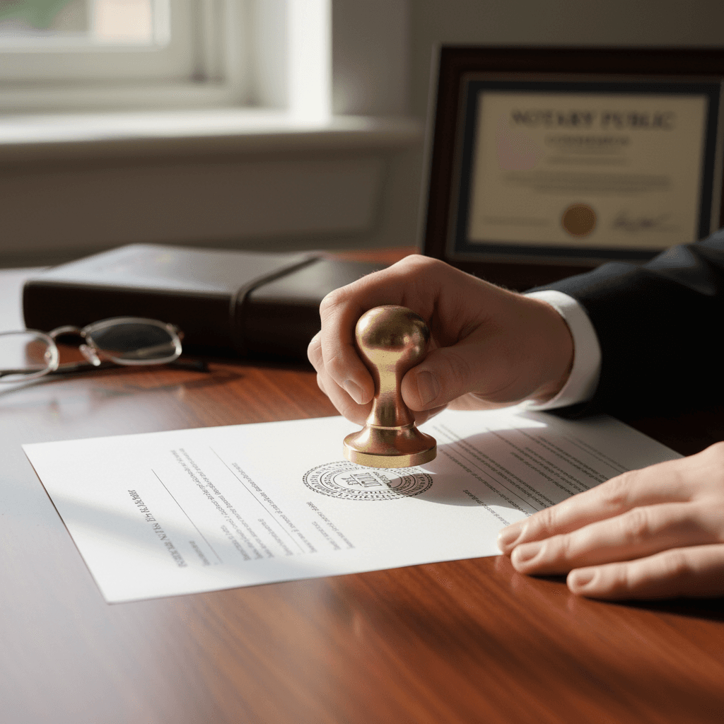 Notary stamping a document on a kitchen table with natural light