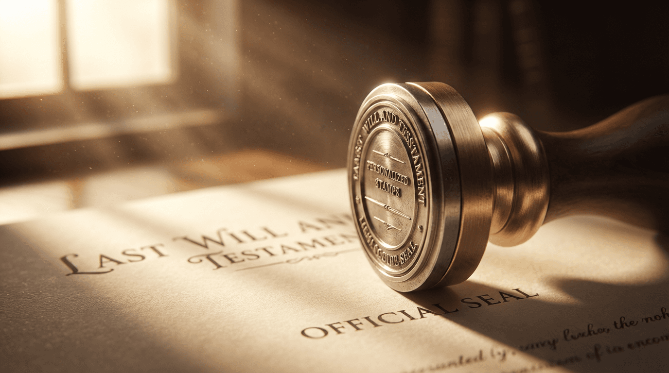 Close-up of a notary stamp and legal documents on a desk with dramatic lighting