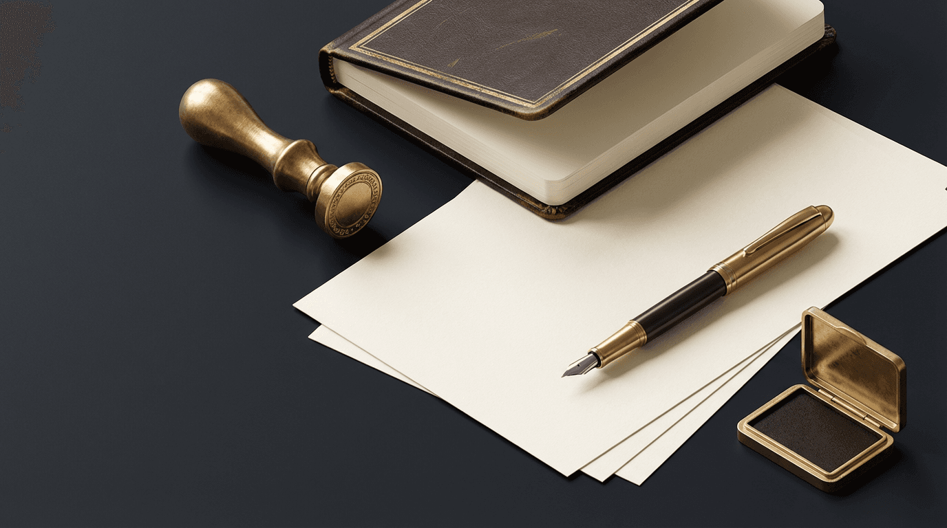 Notary stamp and pen resting on a document on a clean table surface