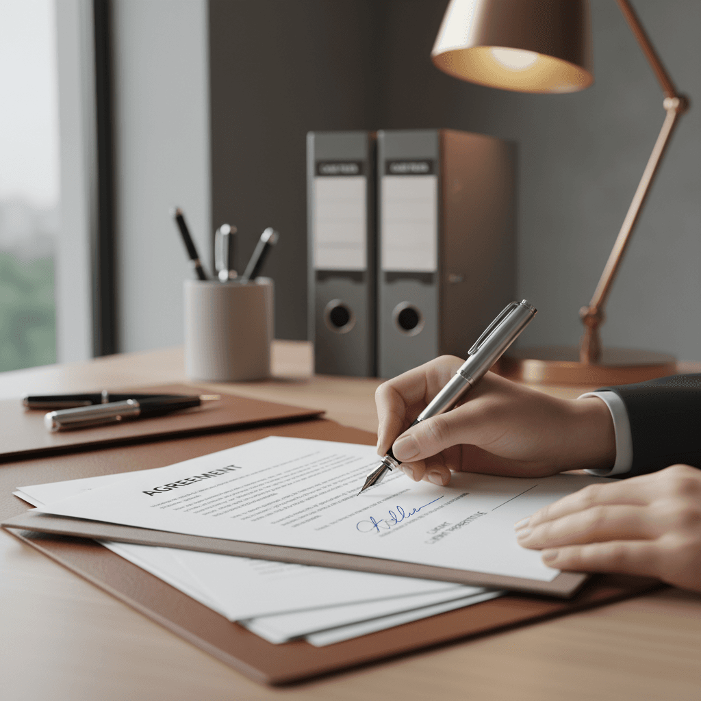 Close-up of a hand signing a document with a pen on a wooden desk